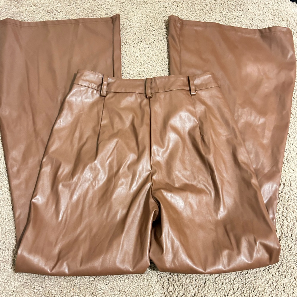SHEIN Brown Faux Leather Flare Pants